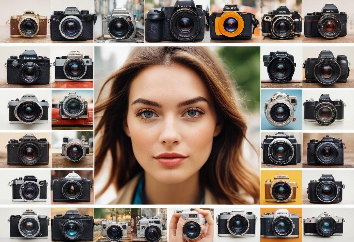 A dynamic collage showcasing a variety of photography styles, featuring close-up portraits, vibrant aerial shots of landscapes, and street photography in action. Include a camera with interchangeable lenses in the foreground, surrounded by aesthetic bokeh effects. Incorporate a mix of modern and vintage elements to represent the evolution of photography. super-realistic. vibrant colors. white background.