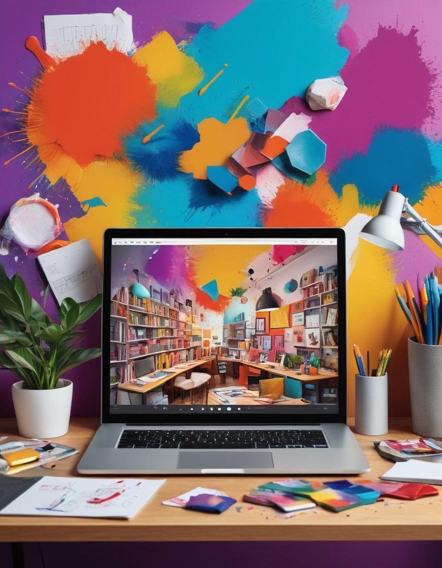 A dynamic collage featuring a digital workspace with photo editing software open on a laptop, various colorful editing tools scattered around, and inspiring edited photos displayed on a wall collage. The scene should evoke creativity, with bright light illuminating the workspace and vibrant colors throughout. Include artistic elements like paint splashes and geometric shapes. super-realistic. vibrant colors. modern design.