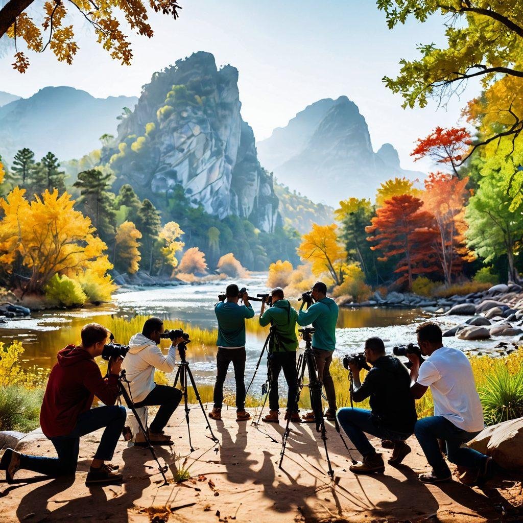 A captivating scene featuring a diverse group of photographers in various poses, capturing stunning landscapes and portraits. Include elements like cameras, tripods, and vivid scenery that showcases nature's beauty. Add a split design to represent various photography styles, such as macro, street, and portrait photography. Use vibrant colors to evoke creativity and inspiration. super-realistic. vibrant colors. white background.